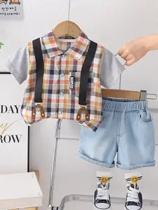 StyleCast Boys Orange Checked Shirt with Shorts