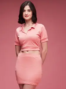 DressBerry Pink Shirt Collar Crop Top With Skirt Co-Ords