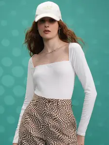 Tokyo Talkies White Square Neck Long Sleeves Top