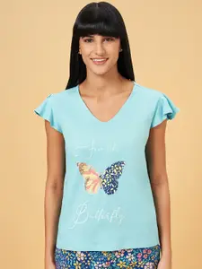 Dreamz by Pantaloons Printed Flutter Sleeves Pure Cotton Lounge T-Shirt