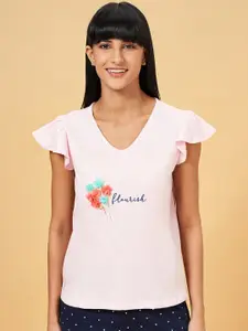 Dreamz by Pantaloons Printed Flutter Sleeves Pure Cotton Lounge T-Shirt