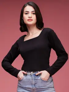 DressBerry Black Square Neck Long Sleeves Fitted Top