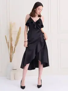 MAGRE Flex Fit Solid Satin Wrap Midi Dress