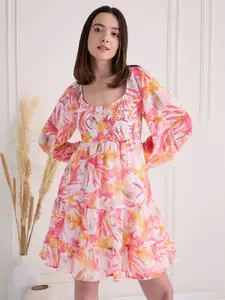MAGRE Pink Floral Print Puff Sleeves Smoking Georgette Fit & Flare Dress