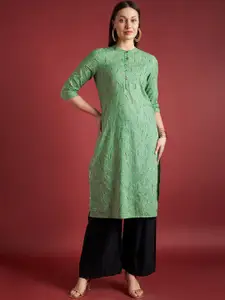 all about you Green Ethnic Motifs Printed Cotton Straight Thread Work Kurta
