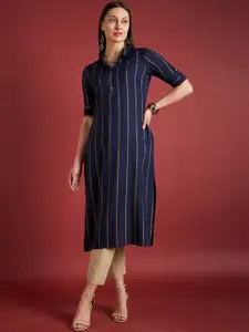 all about you Blue Striped Cotton Straight Kurta