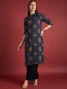all about you Blue Ethnic Motifs Printed Band Collar Cotton Straight Kurta