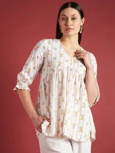 all about you Ethnic Motifs Printed V-Neck Puff Sleeves Gathered Detailed Empire Top