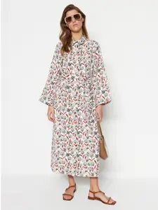 Trendyol Floral Print Shirt Collar Bell Sleeve A-Line Midi Dress
