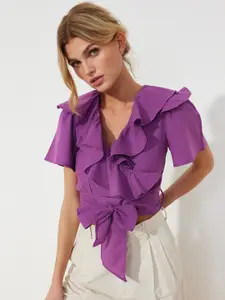 Trendyol Ruffled Tie Up Crop Pure Cotton Top