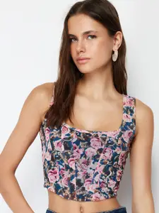 Trendyol Floral Printed Square Neck Fitted Crop Top