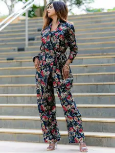 Libas Floral Printed Top & Palazzos with Jacket & Waistbelt Co-Ords Set