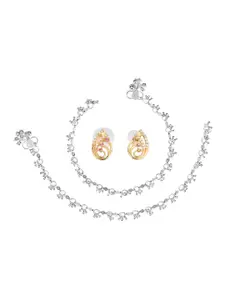 AanyaCentric Gold-Plated AD-Studded Earrings & Silver-Plated Anklet Jewellery Set