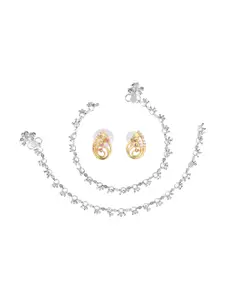 AanyaCentric 2 Silver-Plated Anklets & Gold-Plated AD-Studded Earrings Jewellery Set