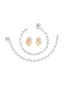 AanyaCentric Set Of 2 Silver-Plated Anklets & Gold-Plated AD-Studded Earrings Set