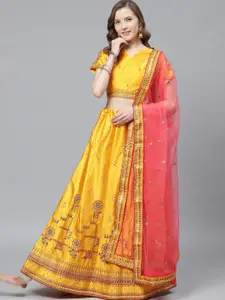 KALINI Embroidered Thread Work Semi-Stitched Lehenga & Blouse With Dupatta