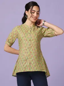 FASHION DREAM Floral Print Band Collar Shirt Style Top