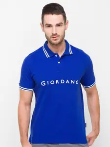 GIORDANO Brand Logo Typography Printed Polo Collar Cotton Slim Fit T-shirt