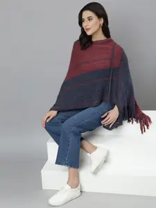 SHOWOFF Women Striped Printed Longline Poncho with Fringed Detail