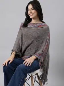 SHOWOFF Women Chevron Ribbed Longline Poncho with Fringed Detail