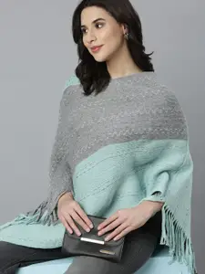SHOWOFF Women Colourblocked Longline Poncho with Fringed Detail
