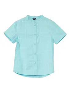 KIABI Boys Mandarin Collar Short Sleeves Regular Fit Cotton Checked Casual Shirt