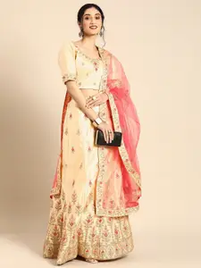 Shaily Floral Embroidered Satin Semi-Stitched Lehenga & Blouse With Dupatta
