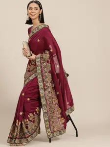 Mitera Purple Ethnic Motifs Embroidered Zari Saree