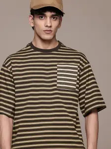The Roadster Lifestyle Co. Striped Drop-Shoulder Sleeves Relaxed Fit T-shirt