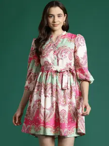 DressBerry Ethnic Motifs Print Puff Sleeves A-Line Mini Dress with Belt
