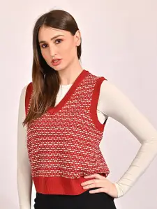 NoBarr Geometric Printed V-Neck Sleeveless Acrylic Sweater Vest