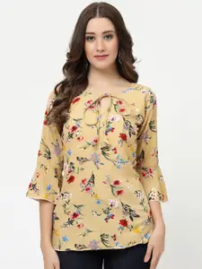 MISS AYSE Floral Print Bell Sleeve Crepe Styled Back Top