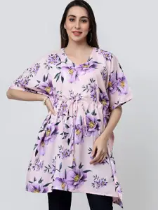MISS AYSE Floral Print Flared Sleeve Crepe Styled Back Longline Top