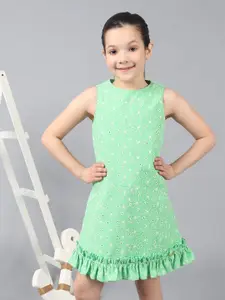 One Friday Girls Embroidered Round Neck Sleeveless Dress With Frills