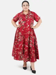 Indietoga Women's Plus Size Maroon Floral Print Fit And Flare Long Maxi Dress