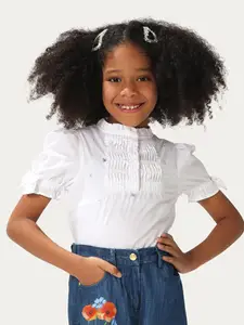 One Friday Kids Girls Pure Cotton Short Sleeve Top With Pin Tucks & frills