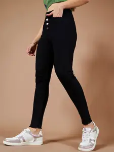 Roadster Women Skinny High Rise Cropped Fringed Hemline Stretchable Denim Jeans