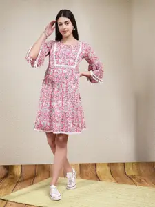 Stylum Floral Print Bell Sleeve Cotton A Line Dress