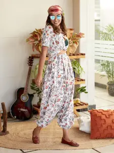 NANGALIA RUCHIRA Plus Size Printed Collar Neck Pure Cotton Top & Mid-Rise Trouser