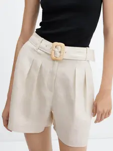 MANGO Women Linen Shorts with Belt