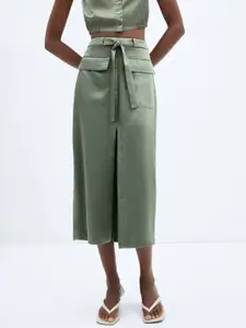 MANGO Front Slit Satin Belted A-Line Midi Skirt
