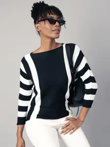 SHOWOFF Striped Boat Neck Long Sleeves Boxy Top