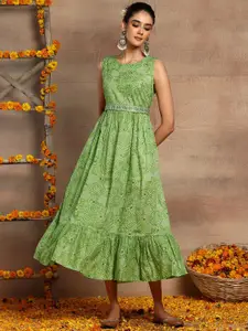INDYA Bandhani Printed Pure Cotton Midi Ethnic Dress Comes With Embellished Belt