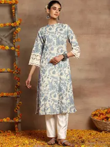 INDYA Floral Printed Mandarin Collar Cotton A-Line Kurta