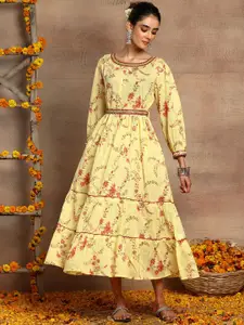 INDYA Floral Printed Round Neck Pure Cotton Ethnic Dress