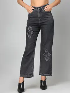 Kook N Keech Women Wide Leg High-Rise Mildly Distressed Stretchable Jeans