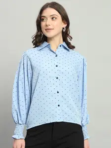 The Dry State Blue Polka Dot Print Cuffed Sleeves Crepe Shirt Style Top