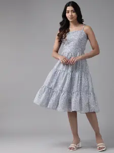 BAESD Floral Print Shoulder Strap Georgette Fit & Flare Midi Dress