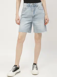 Madame Women Washed High-Rise Distressed Cotton Denim Shorts