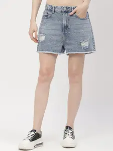 Madame Women Washed High-Rise Distressed Cotton Denim Shorts